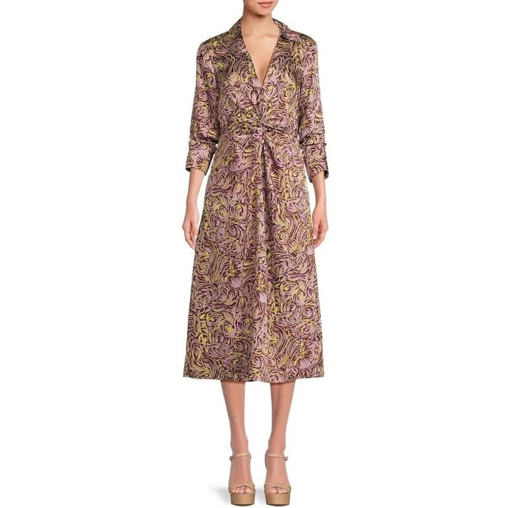 Cinq a Sept Dayna Abstract Print Satin V-Neck 3/4 Sleeve Shirt Dress Size 12 NWT